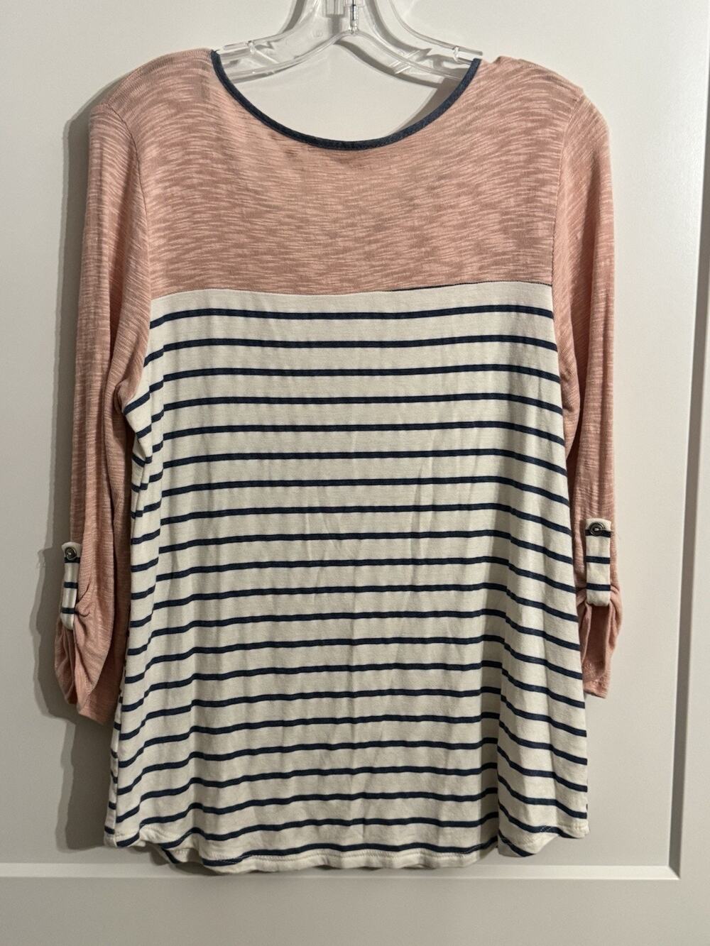 LE LIS Shirt Round Neck Striped Pink Gray Top Light Academia Coastal Preppy